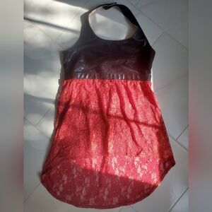 Red Shimmer Lace and Black Leather Look Halter Top CC Dancewear Cheerleading.com